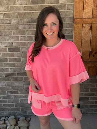 Neon Pink Oversized Reverse Contrast Branded Top by J. Her