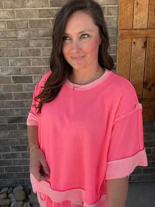Neon Pink Oversized Reverse Contrast Branded Top by J. Her
