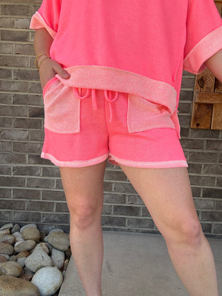 Neon Pink Loop Terry Contrast Pocket Shorts by J. Her