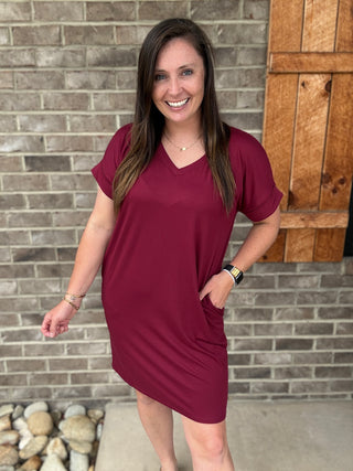 Cabernet Brushed Rolled Sleeve V-Neck Dress by Zenana