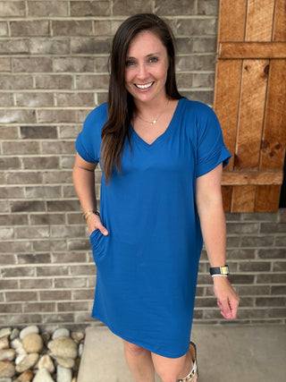 Classic Blue Brushed Rolled Sleeve V-Neck Dress by Zenana