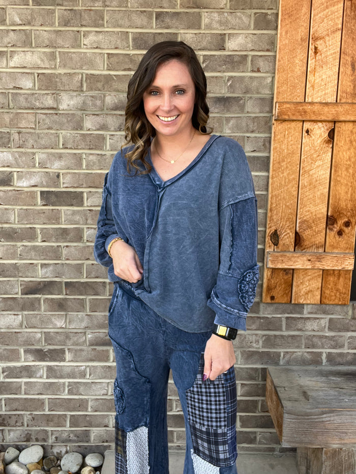 Navy Washed Waffle Patch Flower Long Sleeve Top by J. Her