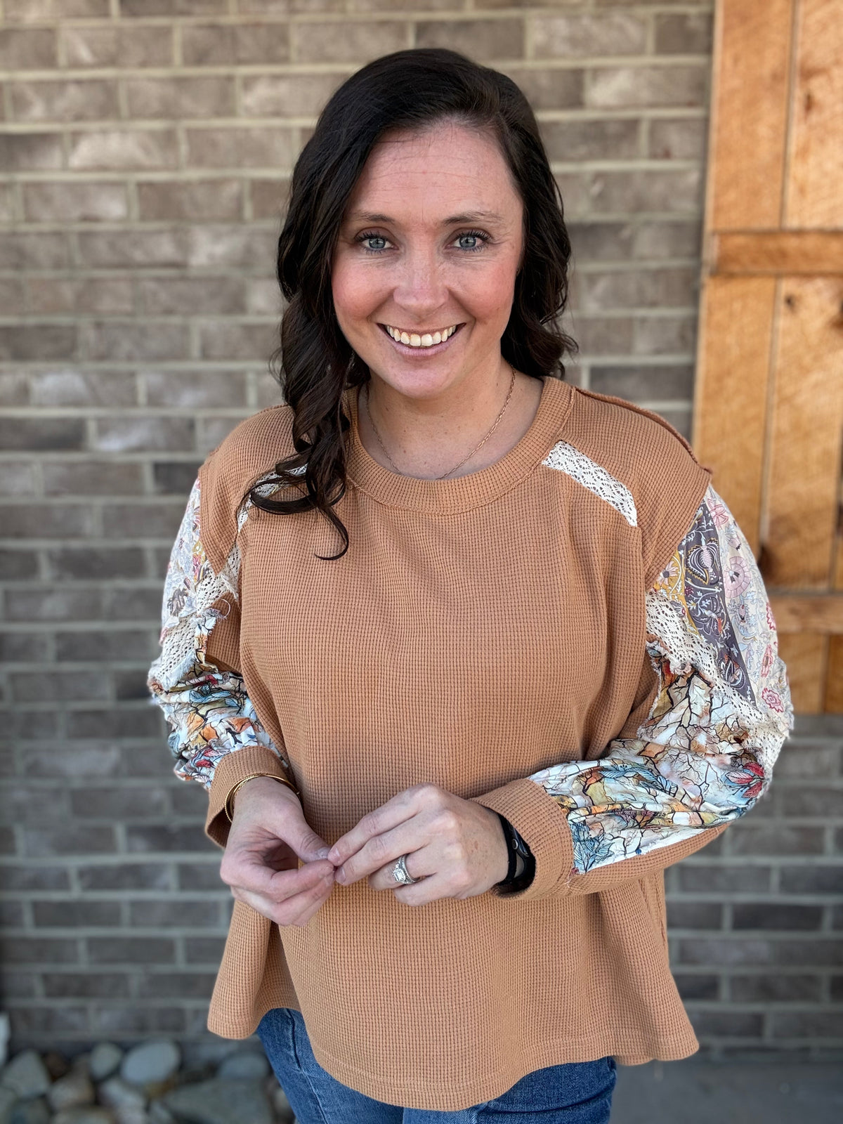 Burnt Orange Floral Sleeve Waffle Top by Pol