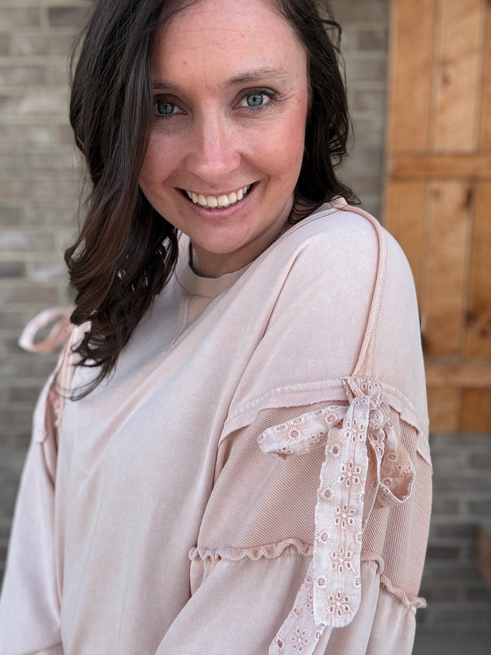 Icy Pink French Terry Long Sleeve Top w/ Bows by Mittoshop