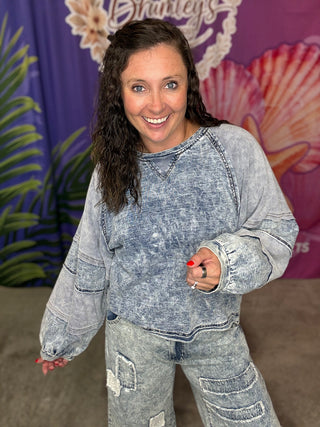 Denim Vintage Thermal Patch Balloon Sleeve Top | POL PREORDER