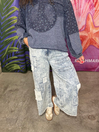Denim Free Spirit Crochet Patch Wide Leg Pants | POL PREORDER