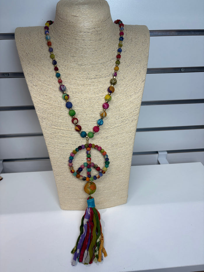 Aasha Beaded Kantha Handcrafted Necklace W/ Peace