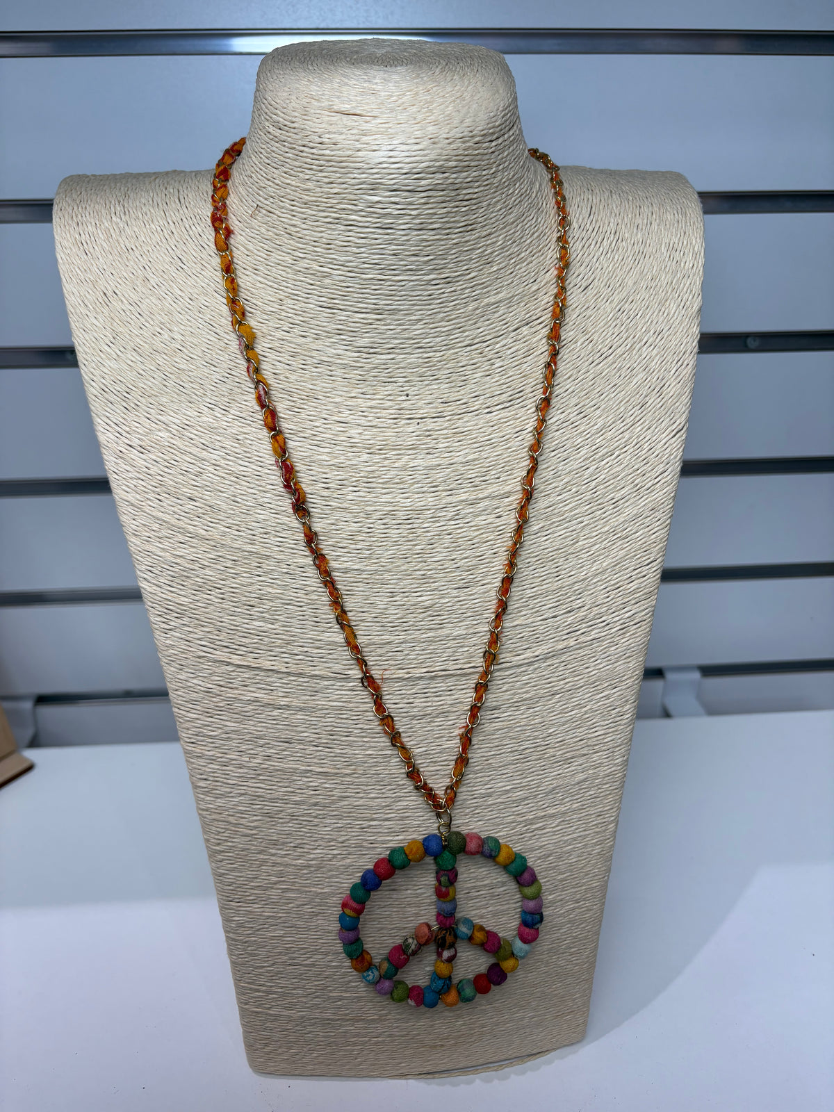 Aasha Chain Kantha Handcrafted Necklace W/ Peace Sign