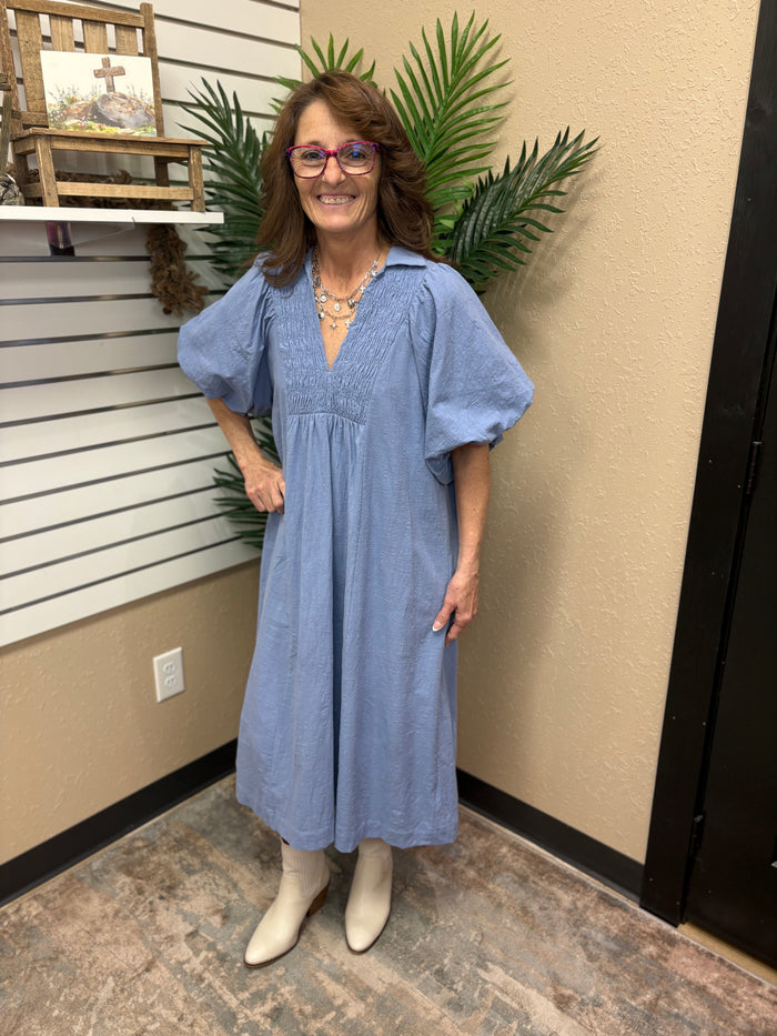 Light Blue Smocked Front Yoke Midi Dress by Umgee