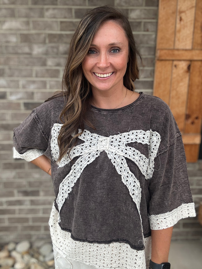 Black Washed Ribbon Patchwork Short Sleeve Oversized Top by Oli & Hali