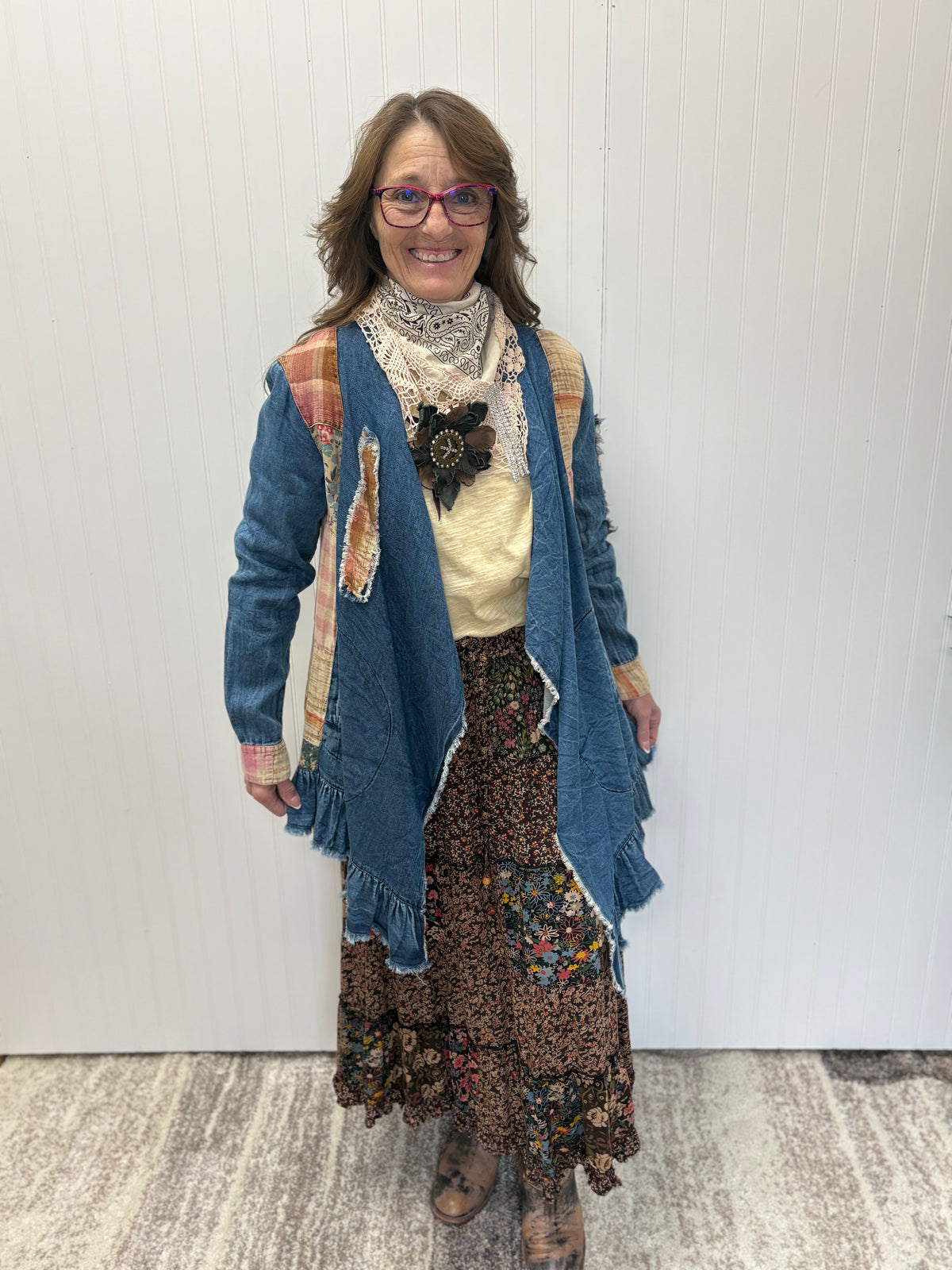 Western Boho Chic: Patched Denim Shrug by Young Threads