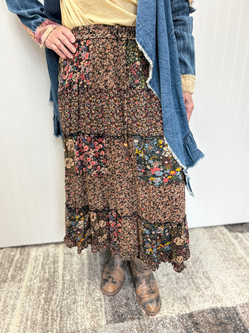 Floral Boho Western Tiered Patchwork Skirt by Young Threads