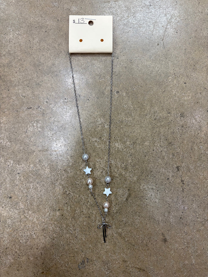 Pearl Star with Ribbon Charm Necklace