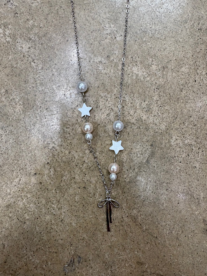 Pearl Star with Ribbon Charm Necklace