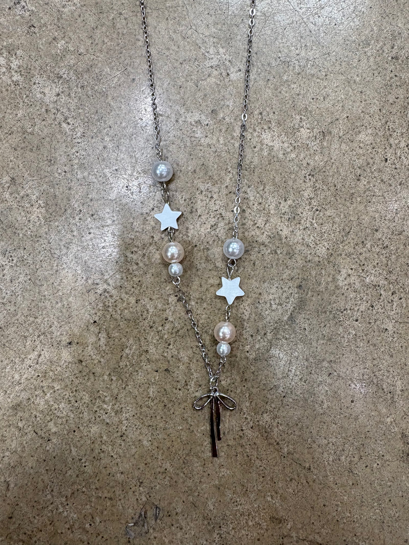 Pearl Star with Ribbon Charm Necklace