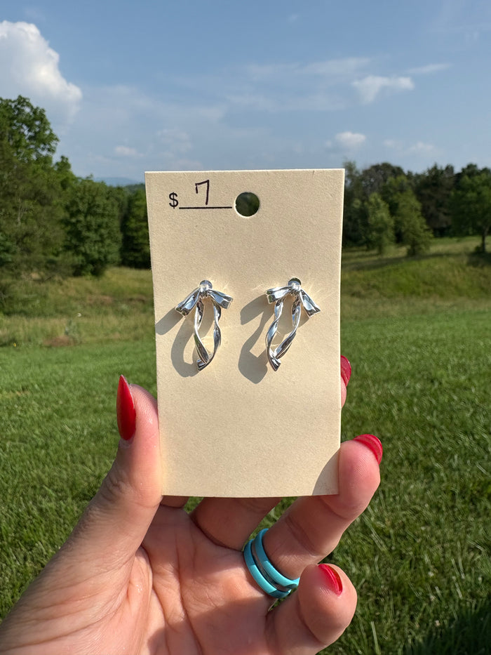 Twisted Silver Long Ribbon Stud Earrings