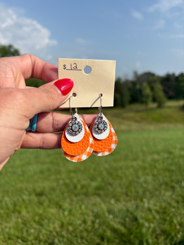 Orange Gingham Leather Teardrop Earrings *TN COLLECTION*