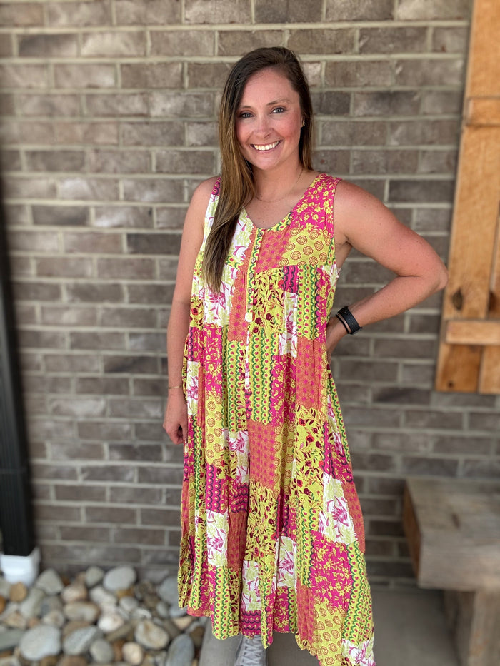 Pink Lime Patchwork Printed Gauze Wide Leg Jumpsuit by Easel