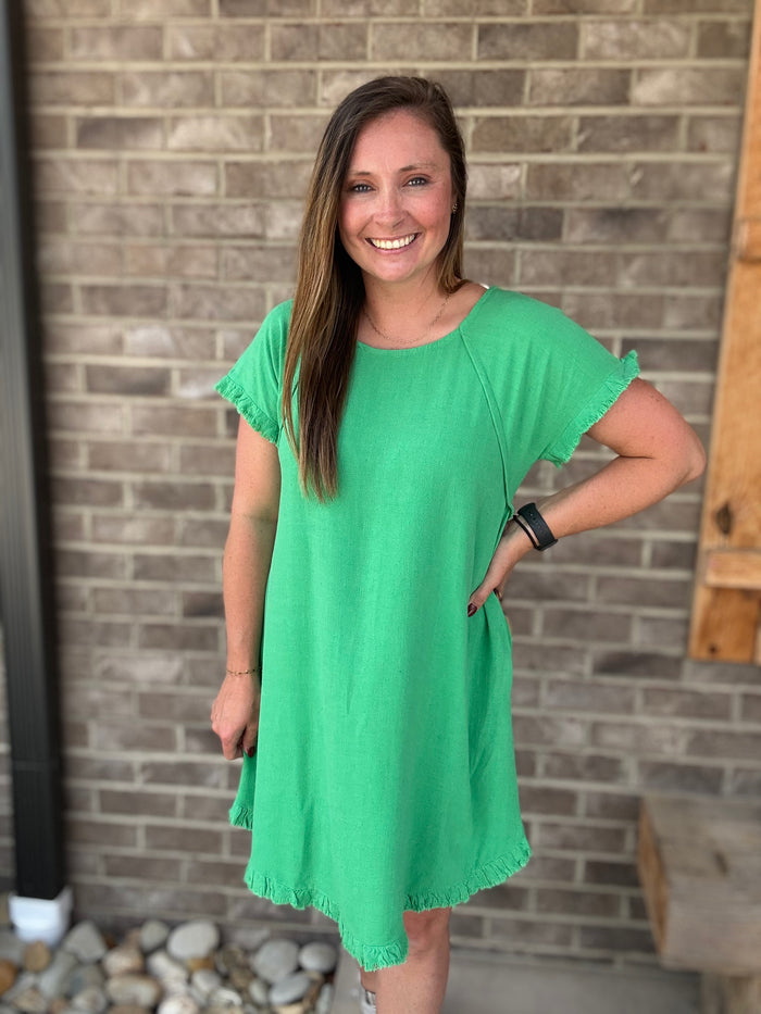 Kelly Green Linen High Low Dress w/ Leopard Back Detail by Umgee