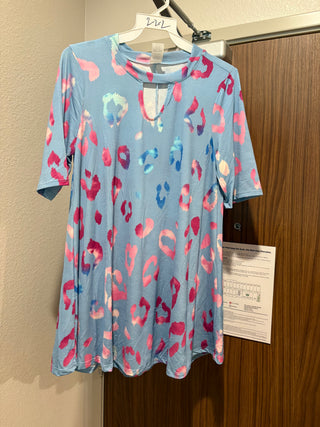 Sky Blue Tie-Dye Leopard Keyhole Top