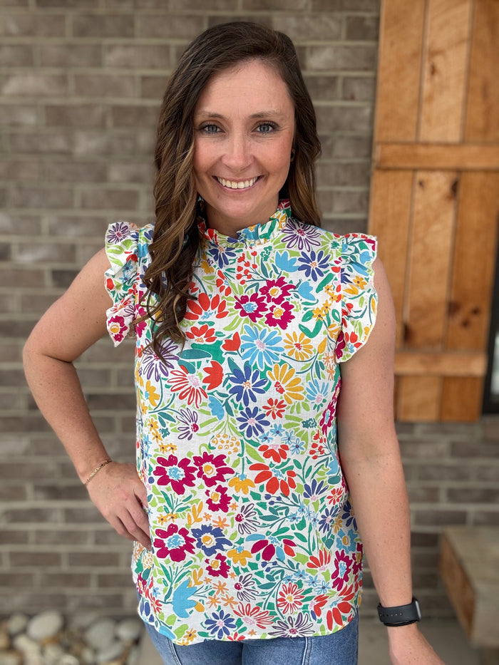 IvoryFloralPrintRuffleNeckTopw_FlutterSleeve