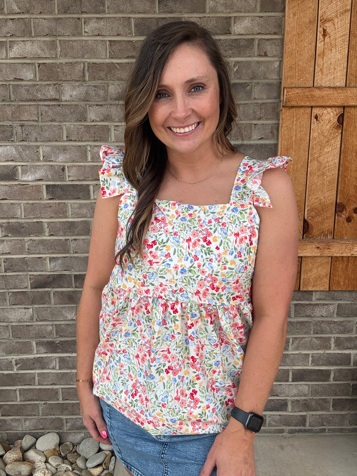 Ivory Floral Print Square Neck Top w/ Ruffle Tank Sleeves