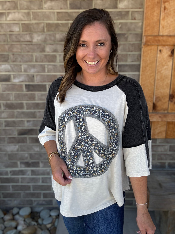 Ivory & Black Peace Sign Patch Mineral Wash Top