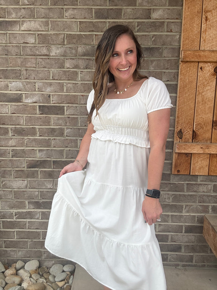 Ivory Double Elastic Waist Short Sleeve Dress