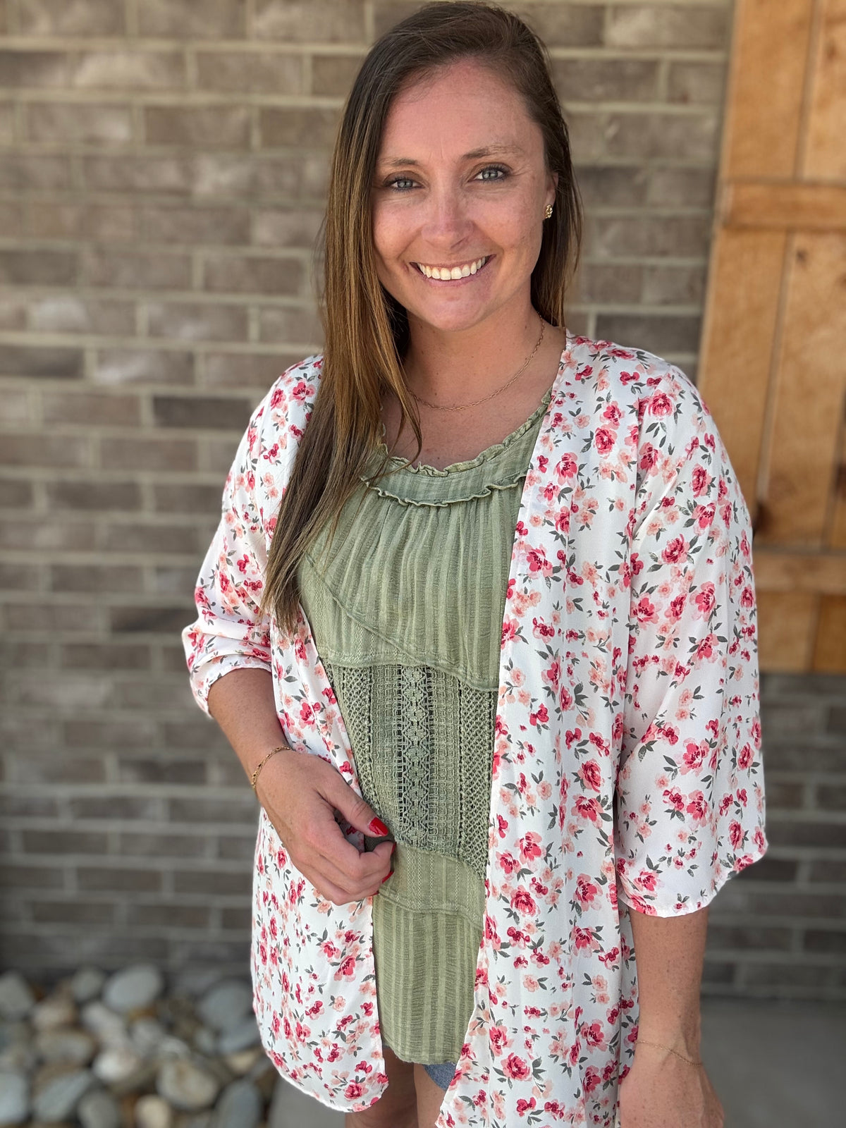 Ivory Floral Print Wrinkle Free Cardigan