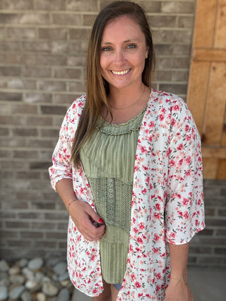 Ivory Floral Print Wrinkle Free Cardigan