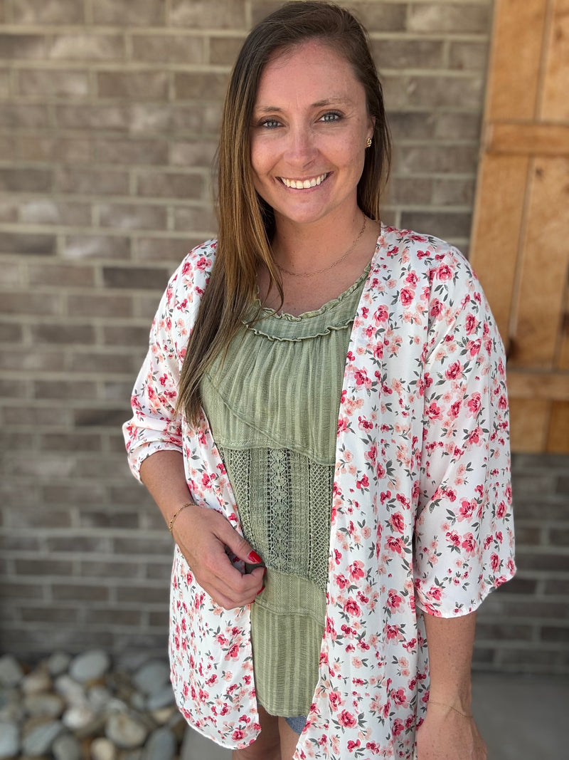 Ivory Floral Print Wrinkle Free Cardigan