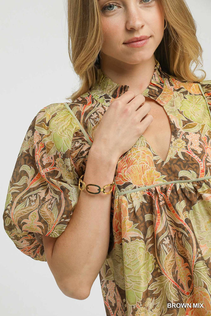 Brown Mix Floral Puff Sleeve Peasant Blouse by Umgee