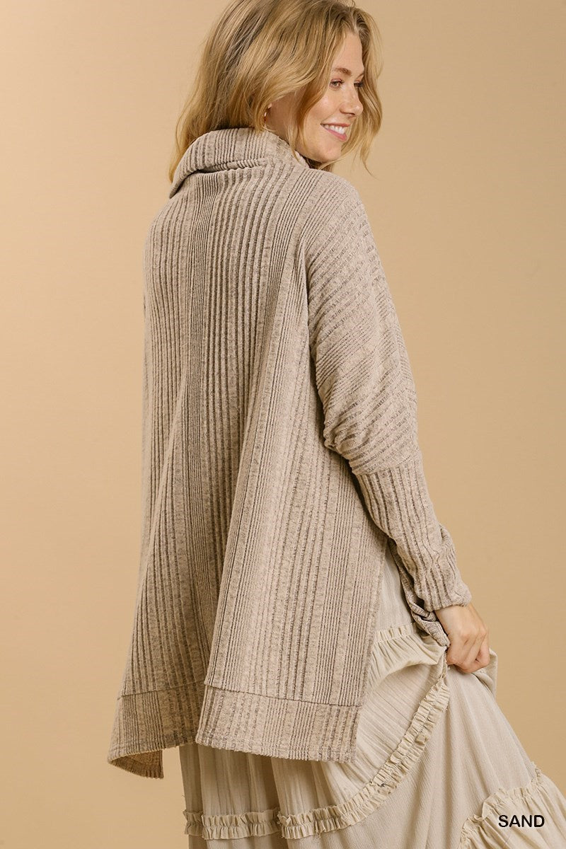 9234- Sand Ribbed Knit Long Sleeve Cowl Neck Top [UMGEE]