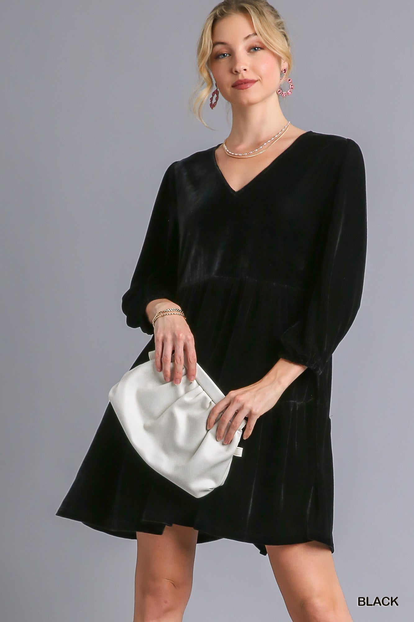 3025- Black Velvet Tier Long Sleeve Dress