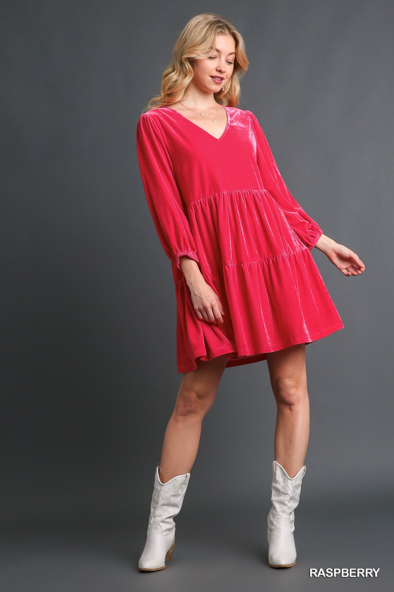 3026- Raspberry Velvet Tier Long Sleeve Dress