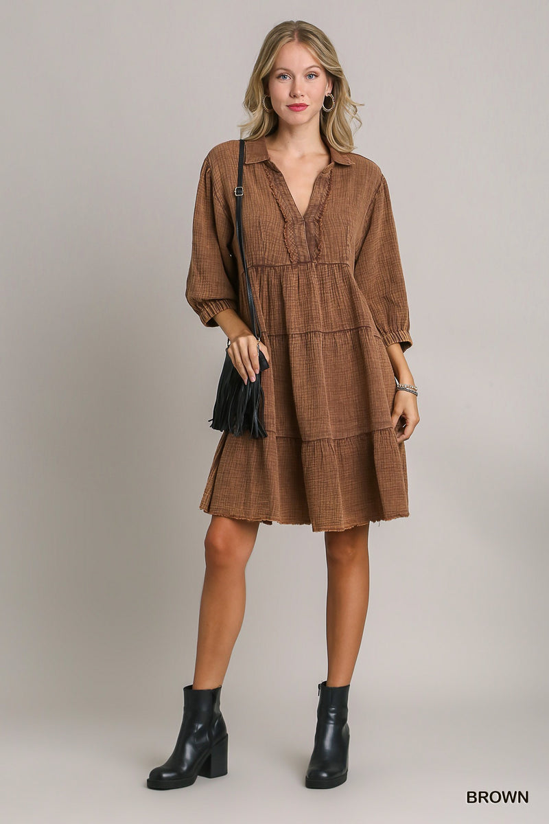 9949- Brown Gauze Material Tier Dress [UMGEE]