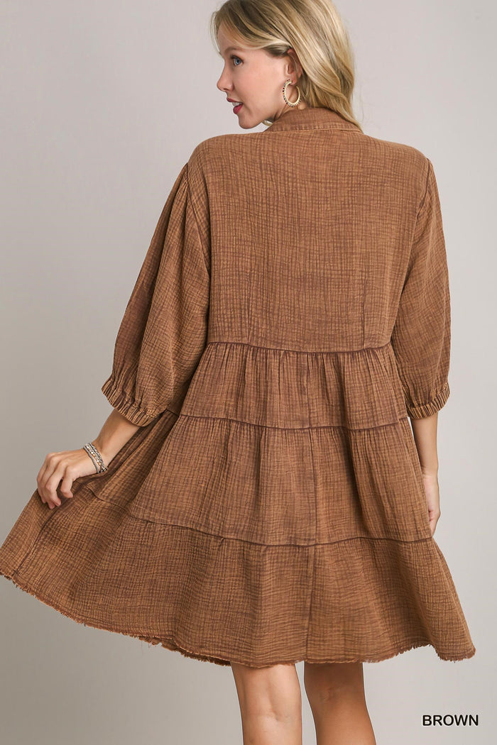 9949- Brown Gauze Material Tier Dress [UMGEE]