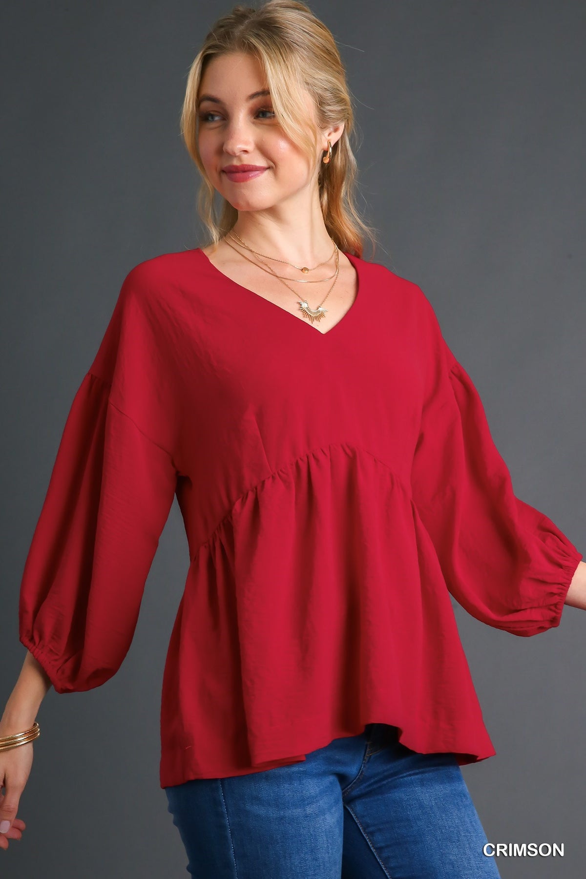 9239- Crimson Balloon Sleeve 3/4 Sleeve Top [UMGEE]