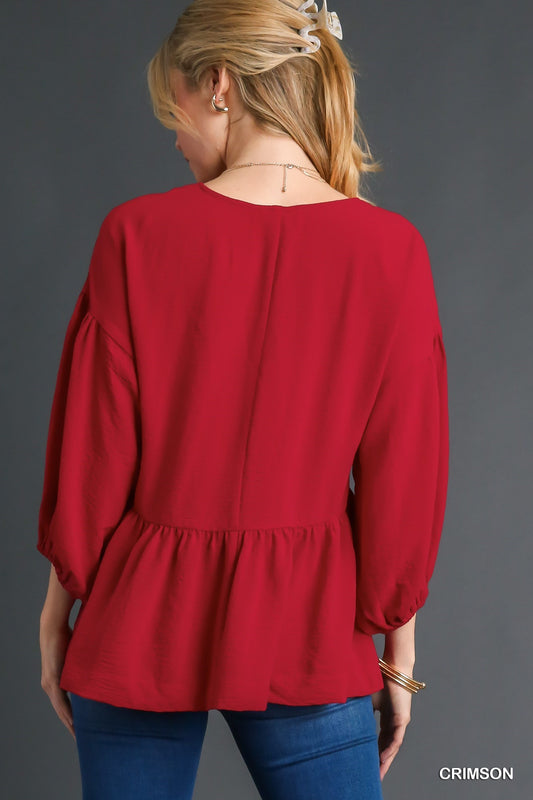 9239- Crimson Balloon Sleeve 3/4 Sleeve Top [UMGEE]