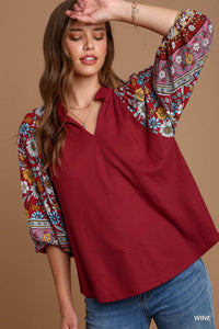 9905- Wine Floral Print Puff 3/4 Sleeve Top