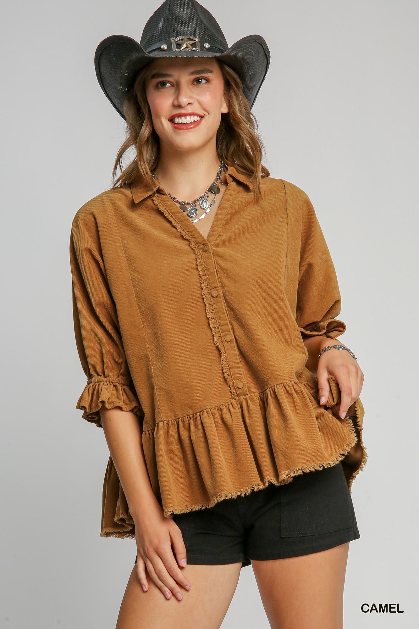 3022- Camel Corduroy Collared Top