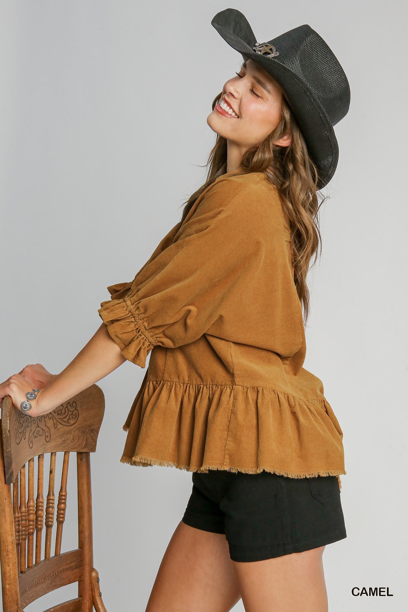 3022- Camel Corduroy Collared Top