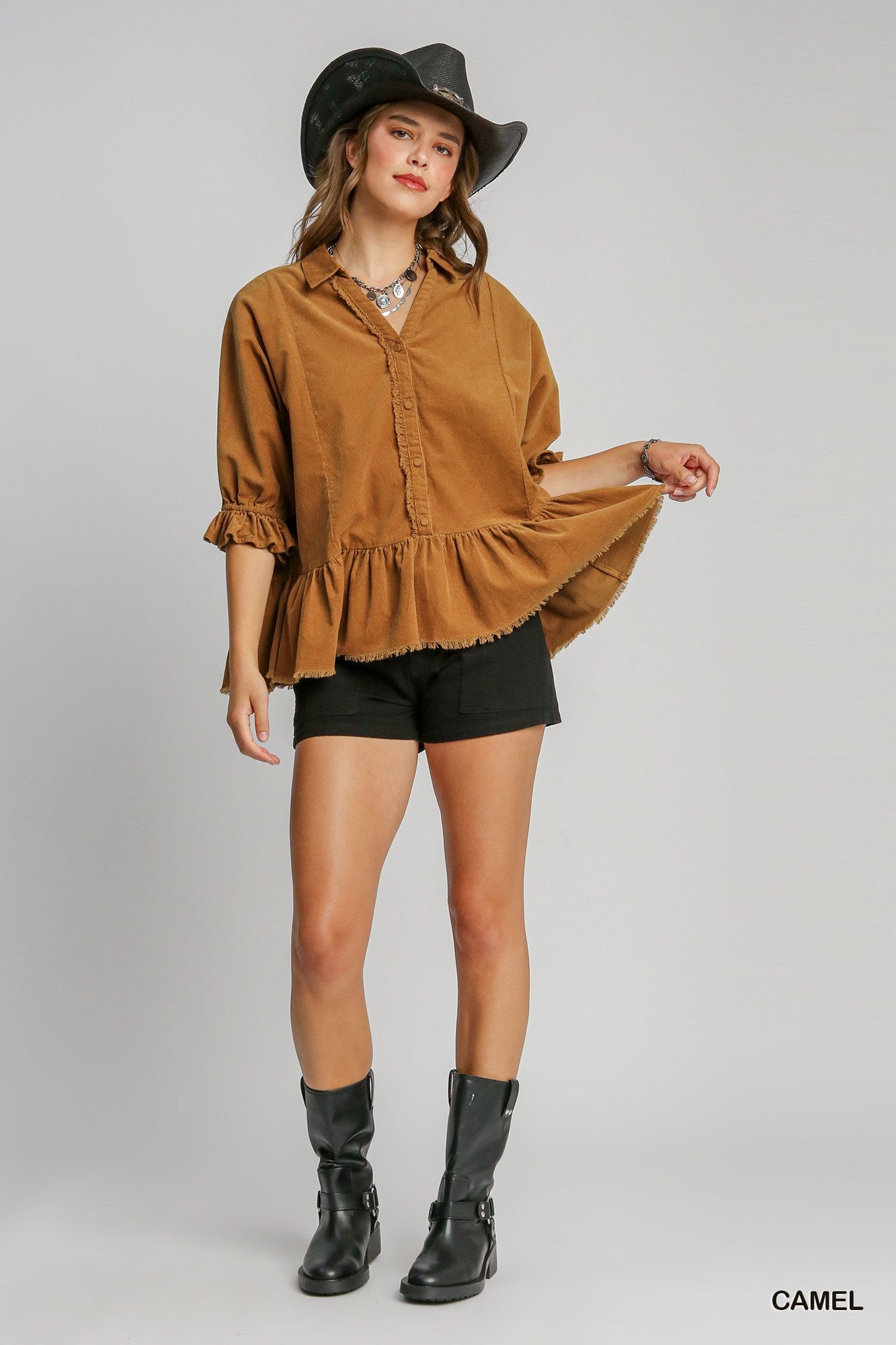 3022- Camel Corduroy Collared Top