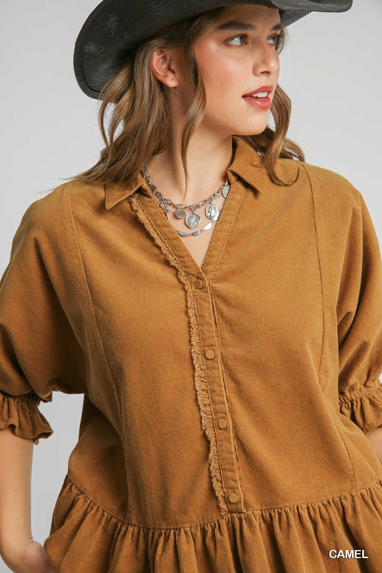 3022- Camel Corduroy Collared Top