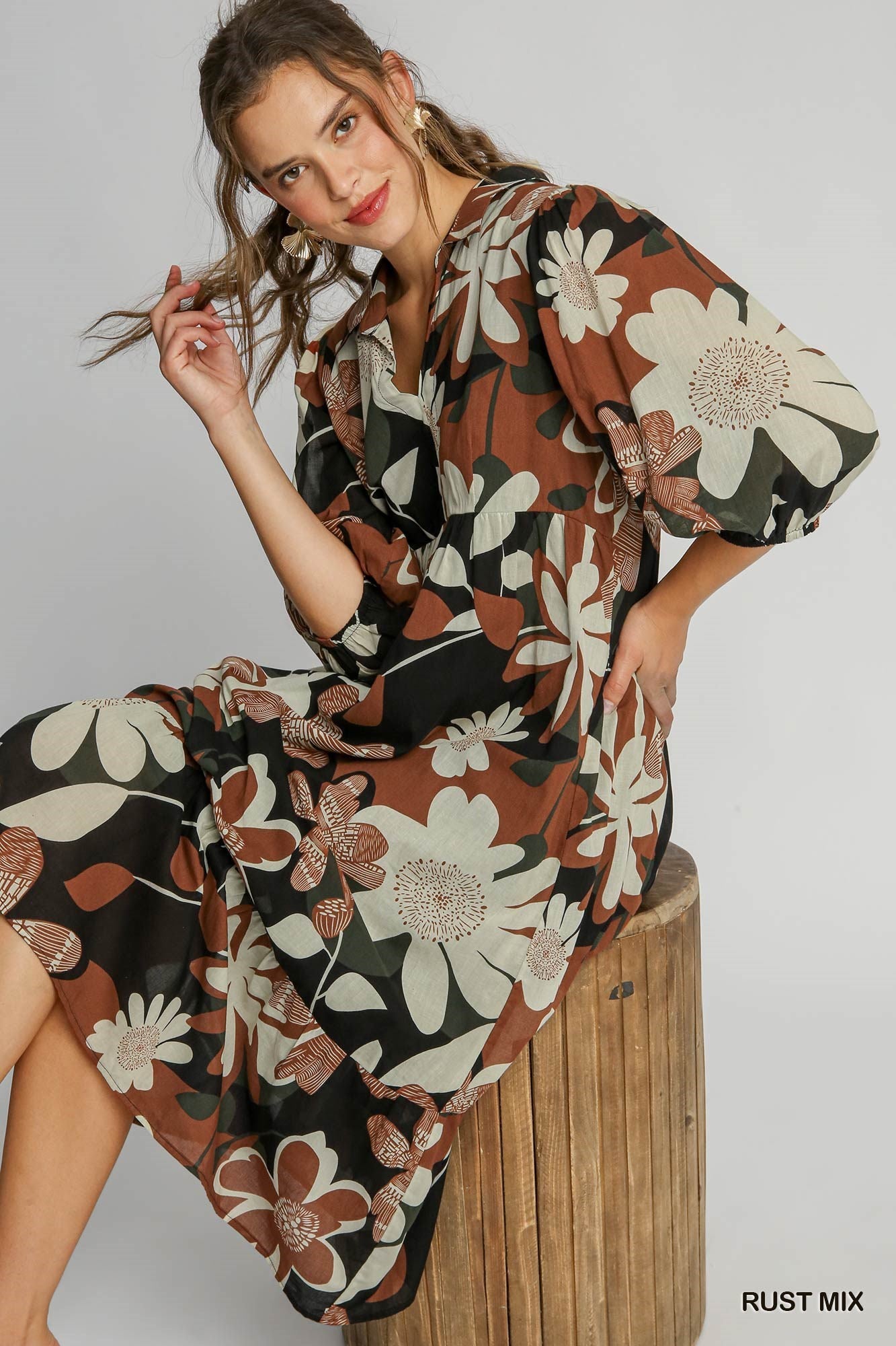 3021- Rust & Black Floral Mid Calf Dress