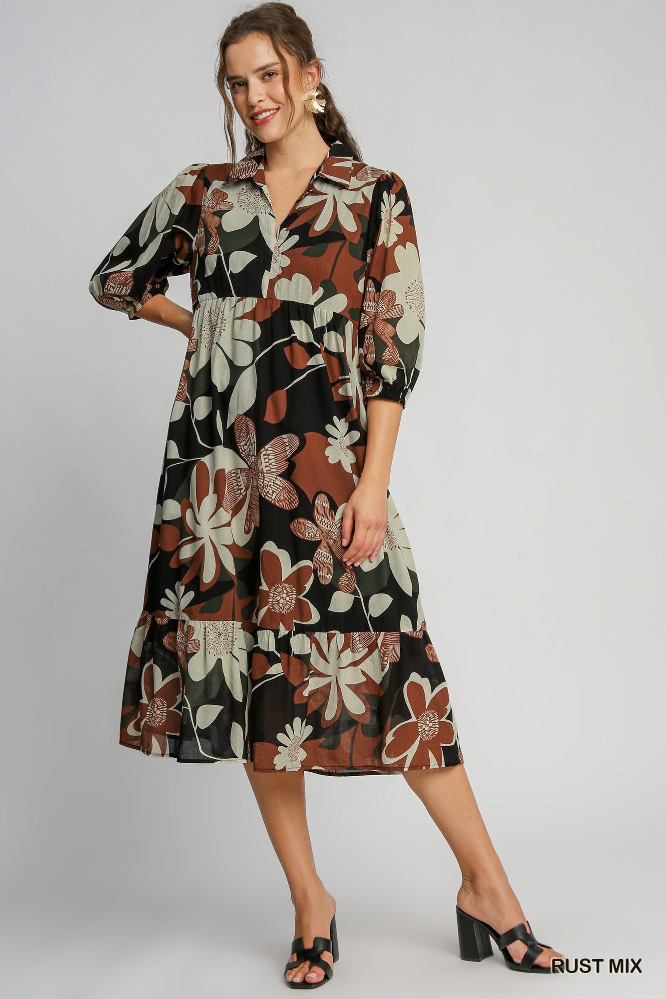 3021- Rust & Black Floral Mid Calf Dress