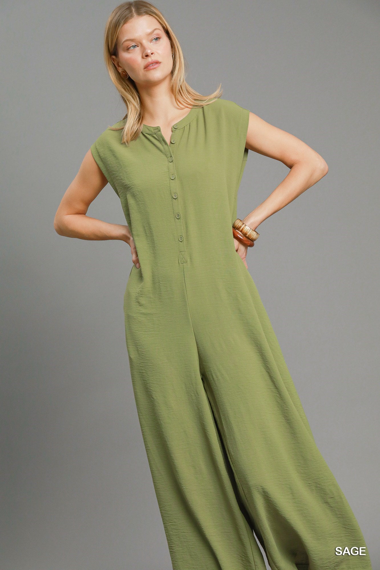 Sage Sleeveless Half Button Down Jumpsuit by Umgee