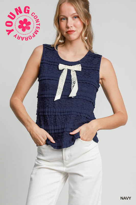 Navy Lace Tiered Bow Tank Top by Umgee