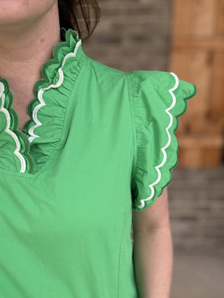 Kelly Green Scallop Neckline & Scallop Sleeve Top by Umgee