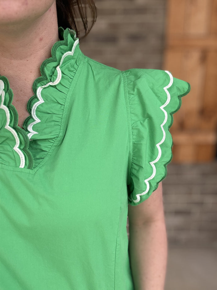 Kelly Green Scallop Neckline & Scallop Sleeve Top by Umgee